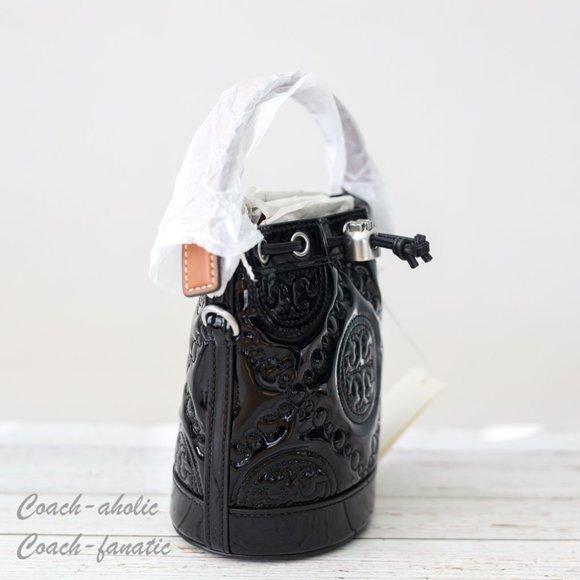 NWT Tory Burch Mini T Monogram Puffy Patent Leather Bucket Bag Crossbody Black - Picture 7 of 12